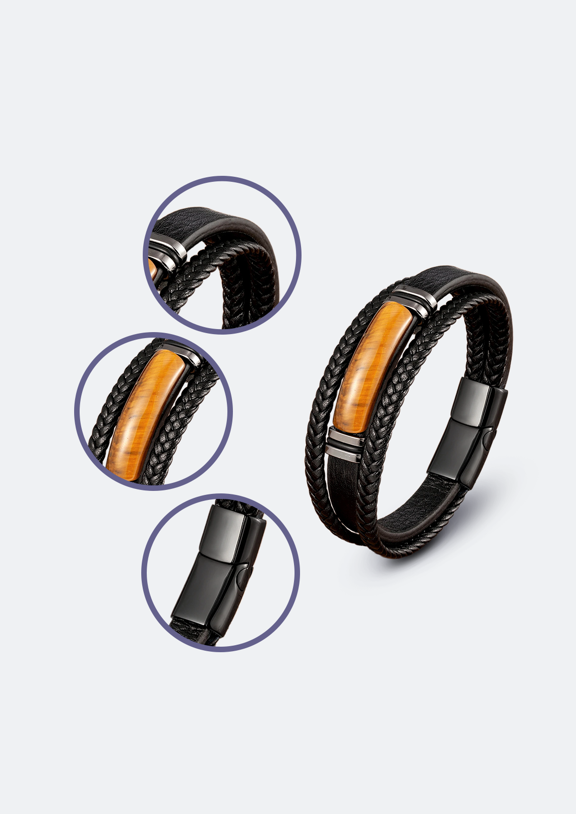 Pulseira Masculina de Couro com Pedra Natural Mathis