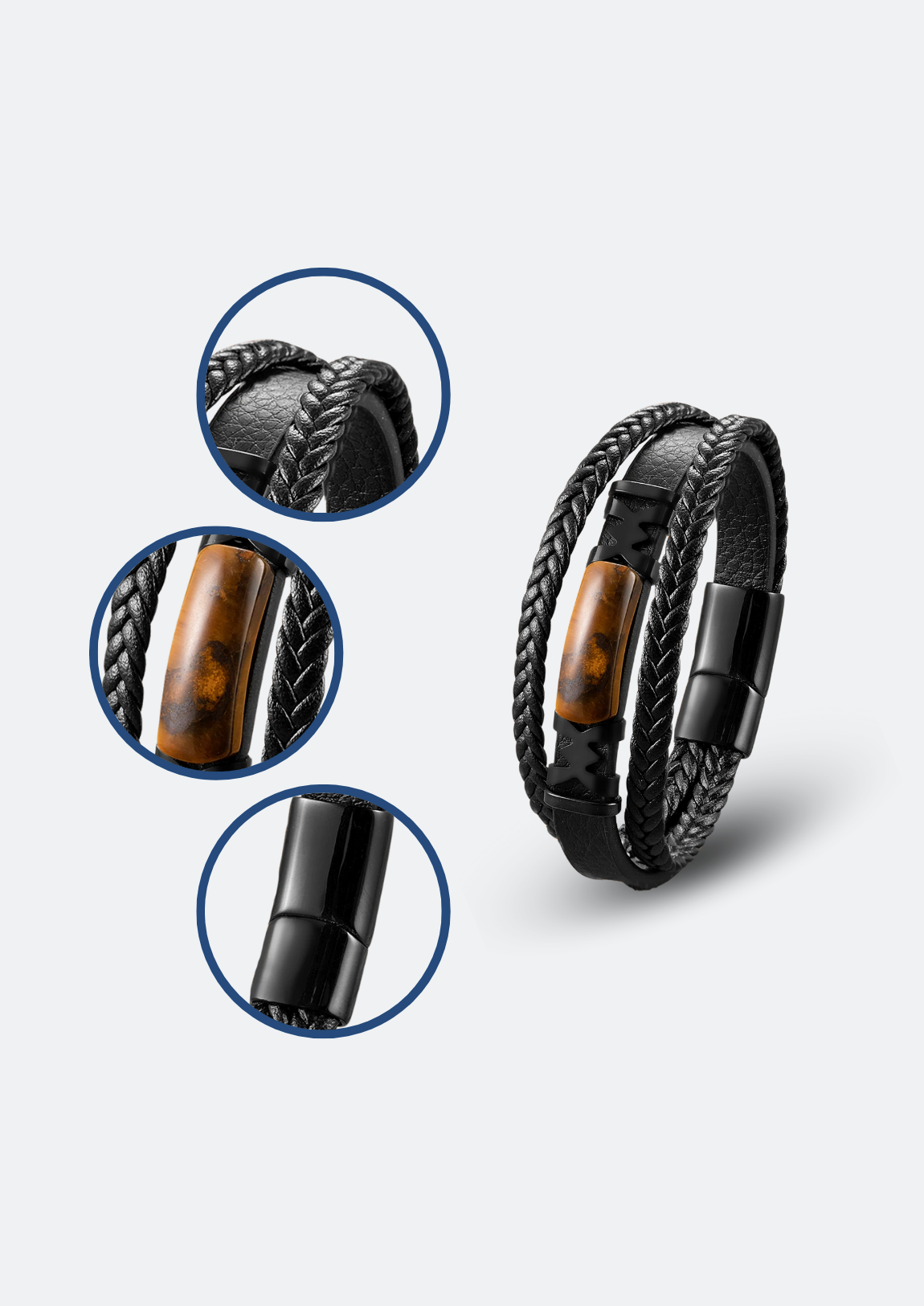 Pulseira Masculina Elegance de Couro com Pedra Natural