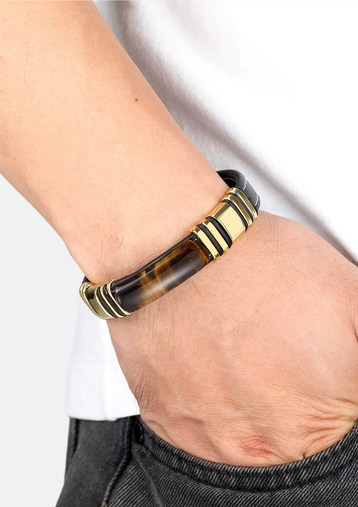 Pulseira Masculina de Couro com Pedra Natural Hester