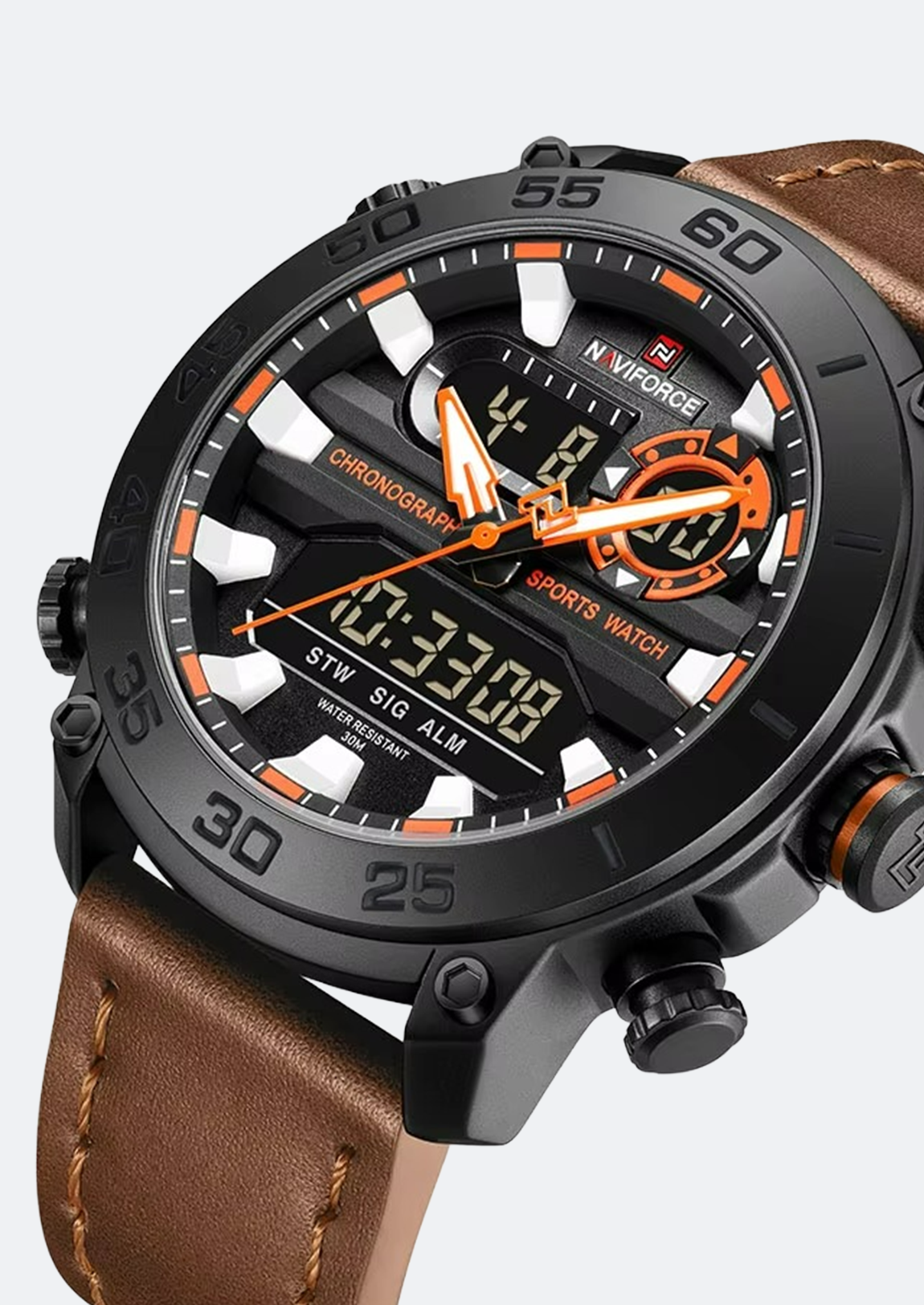 Relógio Masculino Navi Force NF9235 de Couro Display Duplo