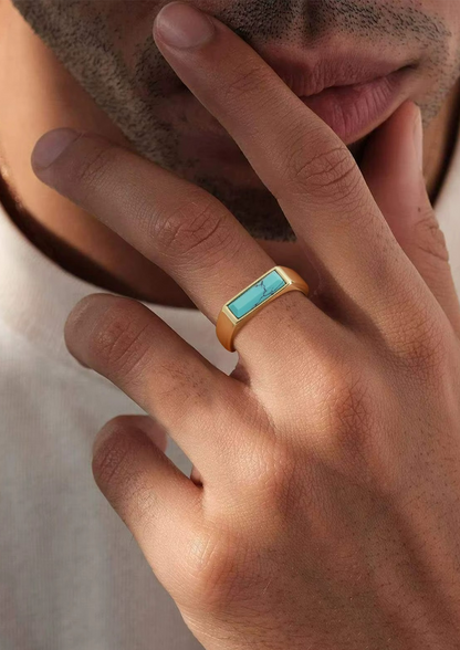 Anel Masculino Tours de Aço Dourado com Pedra Natural Azul