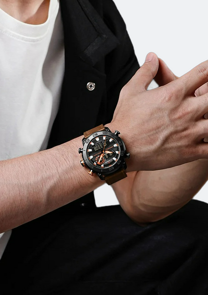 Relógio Masculino Navi Force NF9235 de Couro Display Duplo
