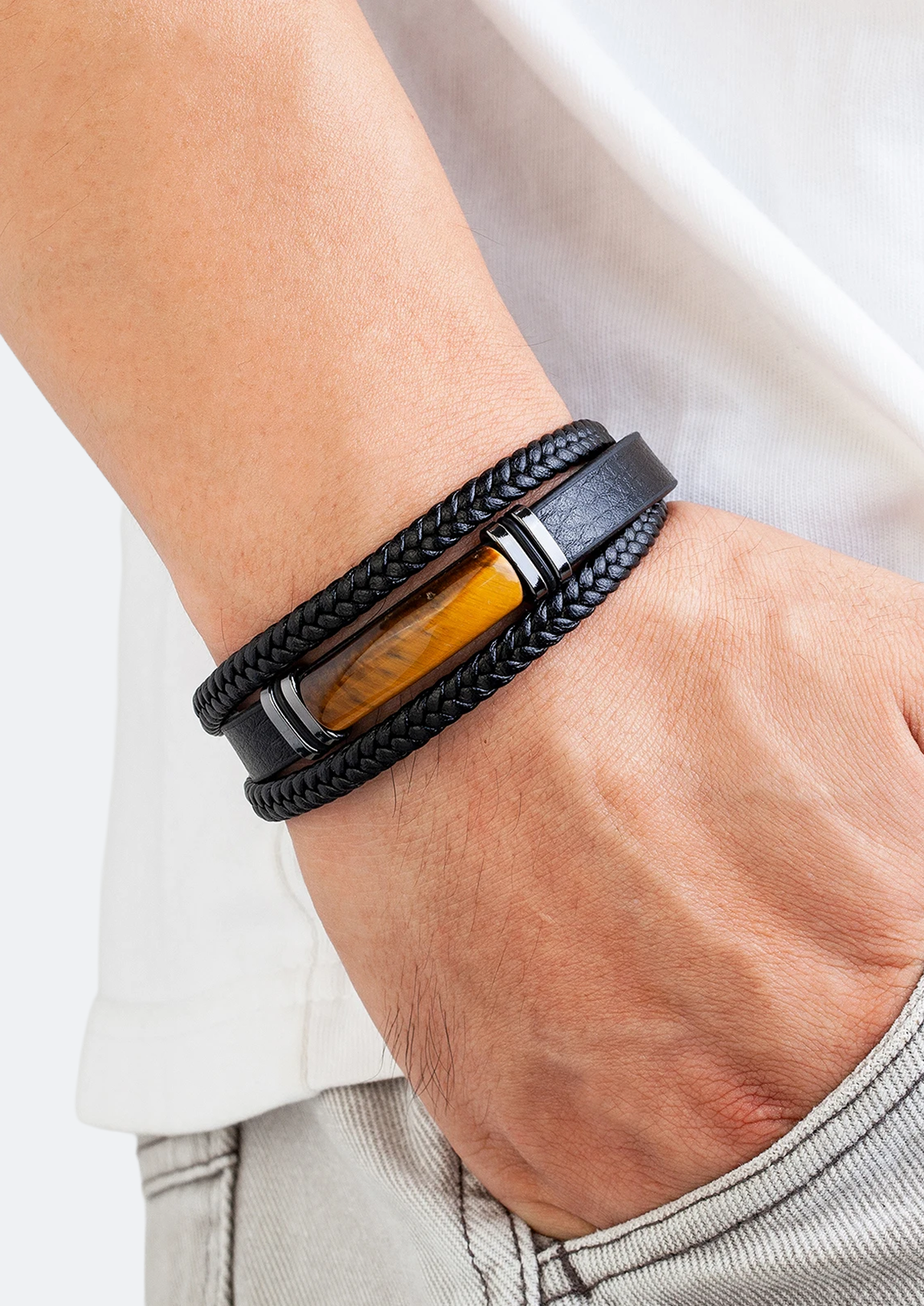 Pulseira Masculina de Couro com Pedra Natural Mathis