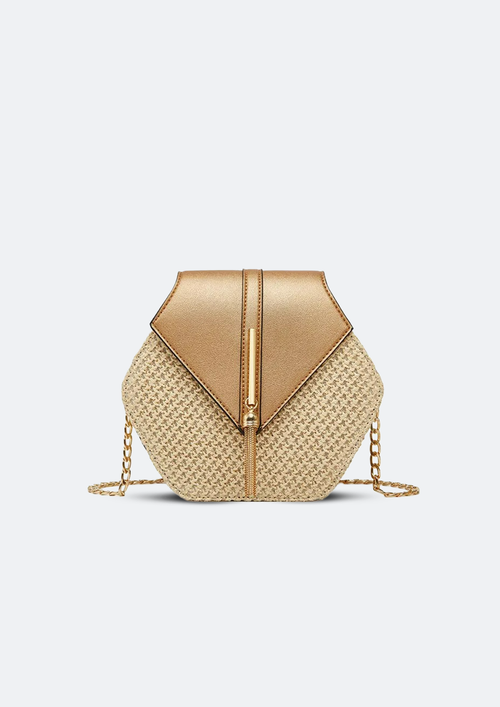 Bolsa Feminina Hexagonal Amira Pequena Dourada de Palha