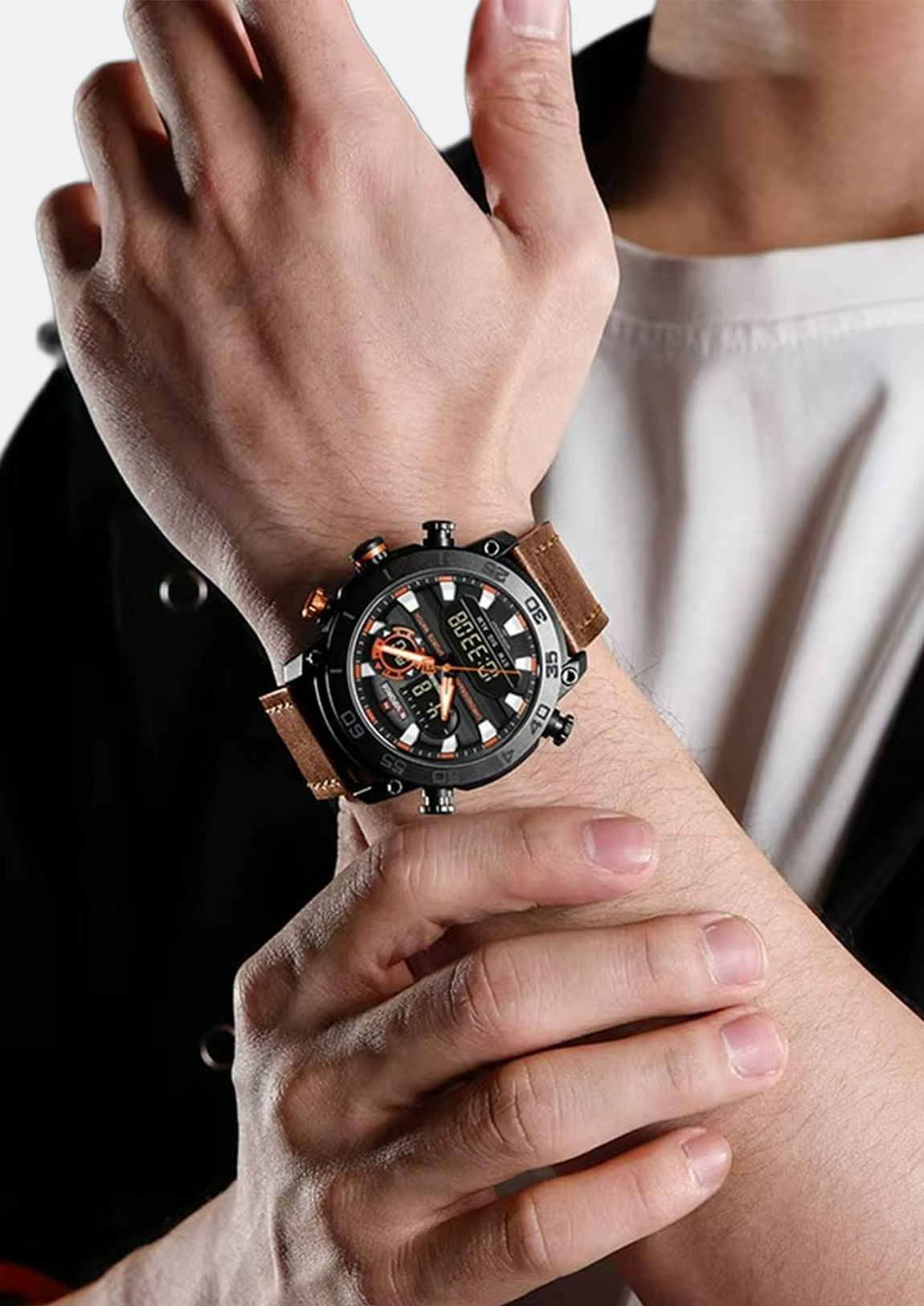 Relógio Masculino Navi Force NF9235 de Couro Display Duplo