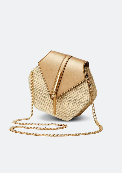 Bolsa Feminina Hexagonal Amira Pequena Dourada de Palha
