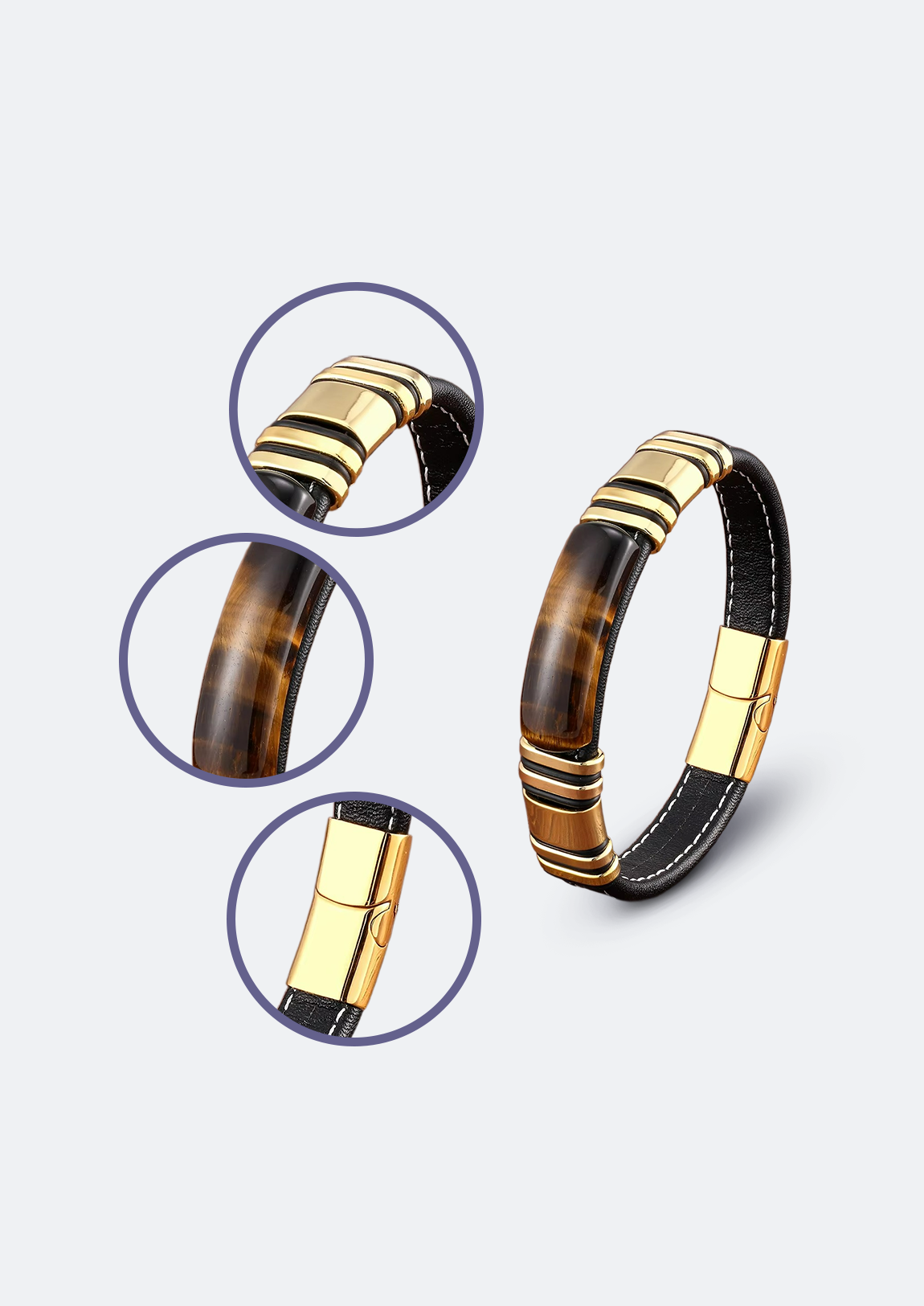 Pulseira Masculina de Couro com Pedra Natural Hester